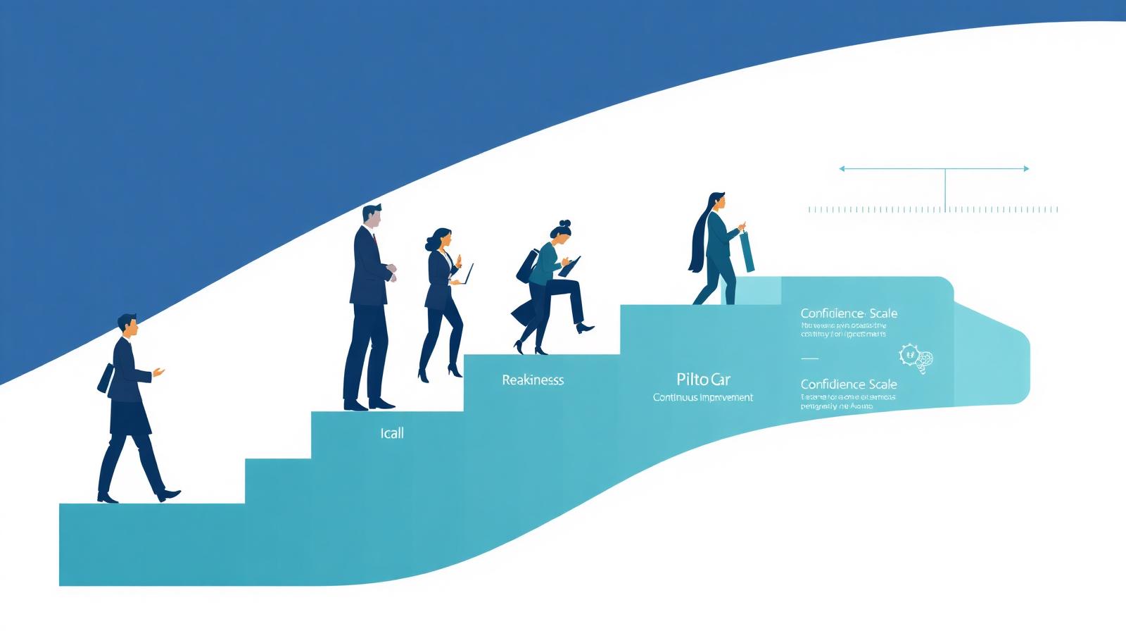 Azure-inspired editorial illustration of an AI adoption journey, showing a staircase of maturity levels from readiness through pilot, confidence, scale and continuous improvement.