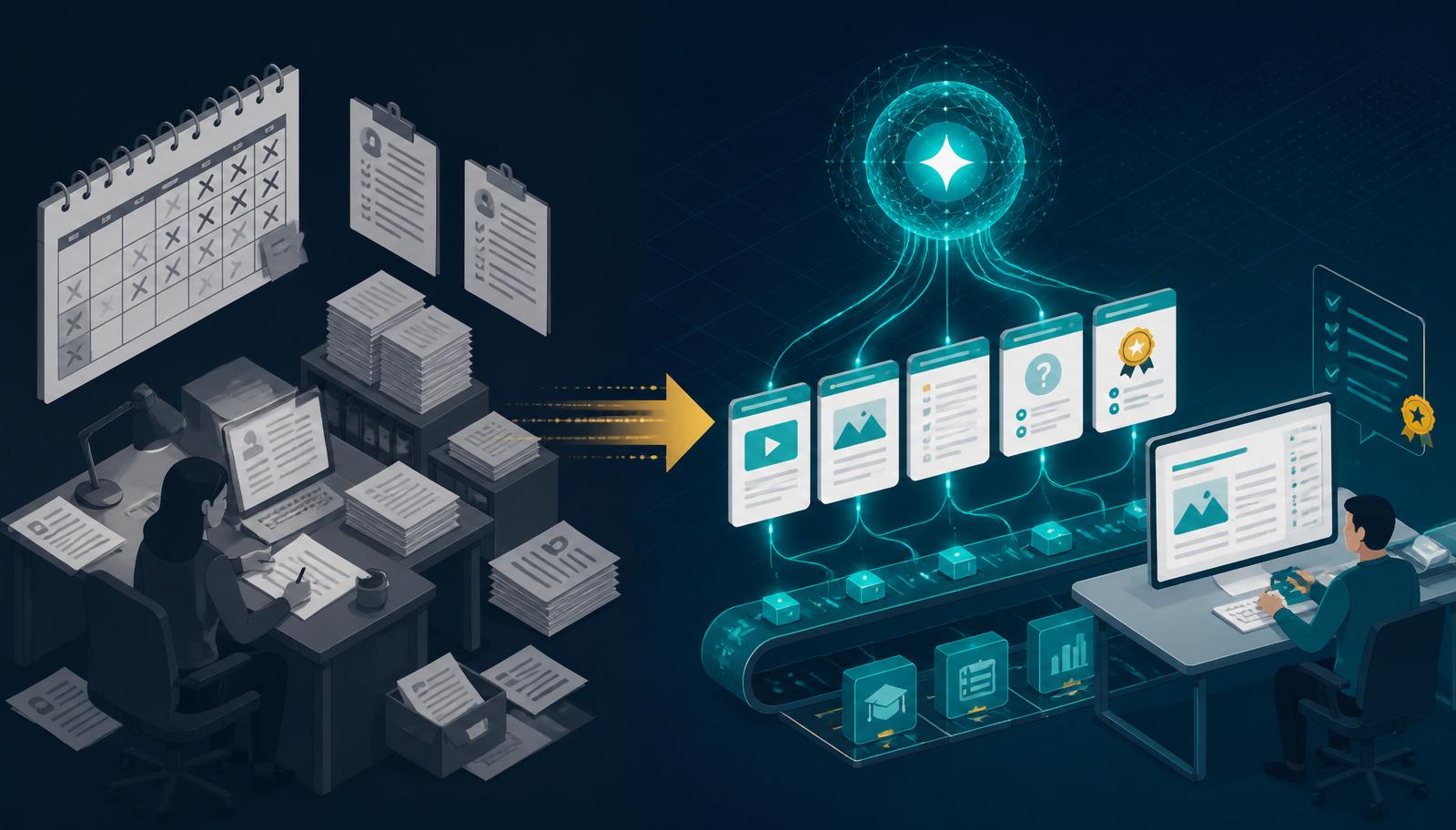 Editorial illustration contrasting a traditional instructional designer surrounded by paperwork with an AI-enabled learning production pipeline generating structured course components.