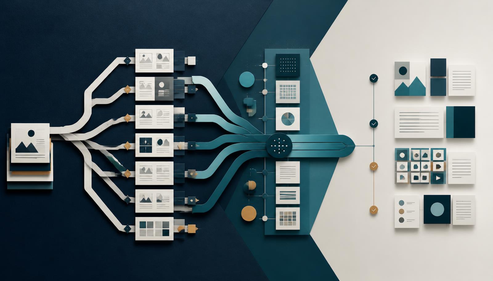 Editorial illustration showing traditional branching learning content converging into an AI-assisted production workflow and reusable learning modules.