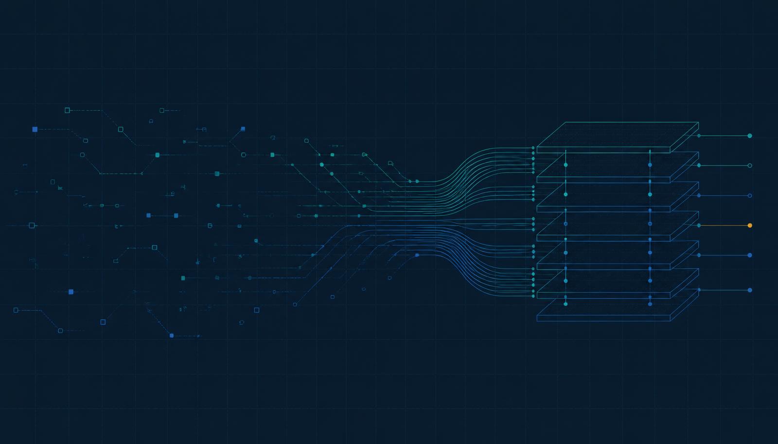 Abstract IntelliMinds illustration of fragmented, experimental AI elements on the left converging into fine teal and blue data streams that form a single structured, layered production system on the right.