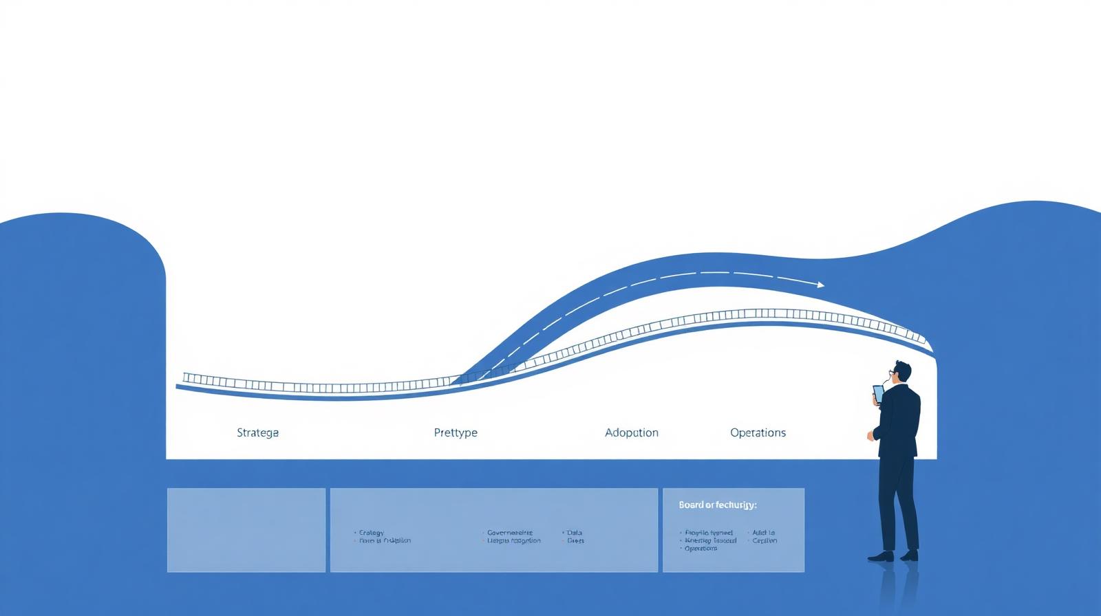 Azure-inspired editorial illustration of an AI implementation roadmap with bridges from idea to production and roadblocks labelled strategy, governance, adoption, data and operations.
